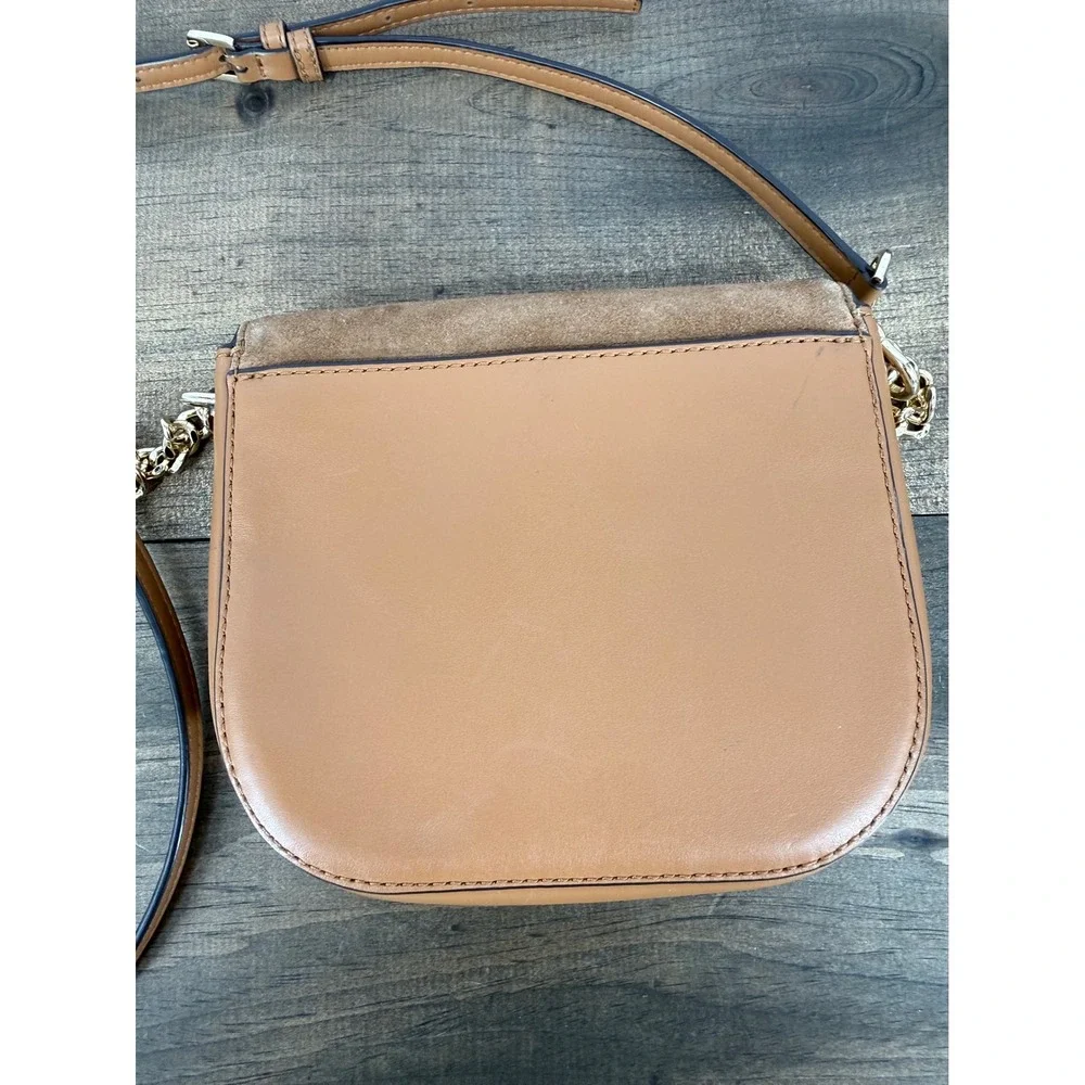 Michael Kors Tan Leather Suede Saddle Crossbody Bag Gold Chain Logo Brown Small